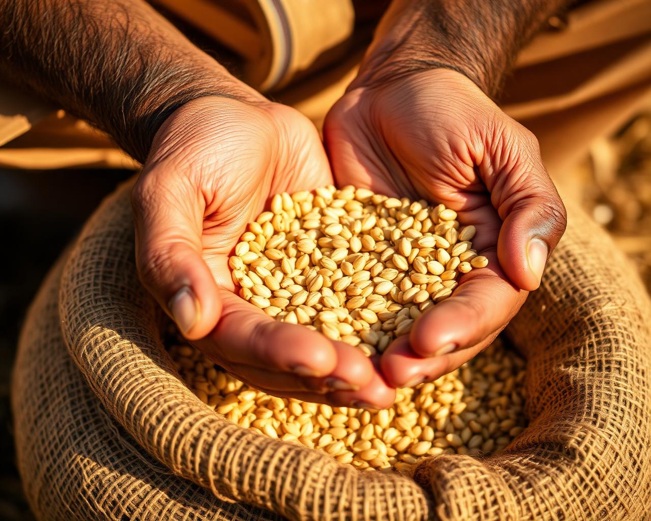 Weathered farmer's hands cupping golden grains over a jute sack
